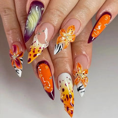 Cyflymder  24pcs Sweet Cool Press on Nails 3D Carved Flower Design Long Almond Fake Nails for Women Girls Wearable French False Nails