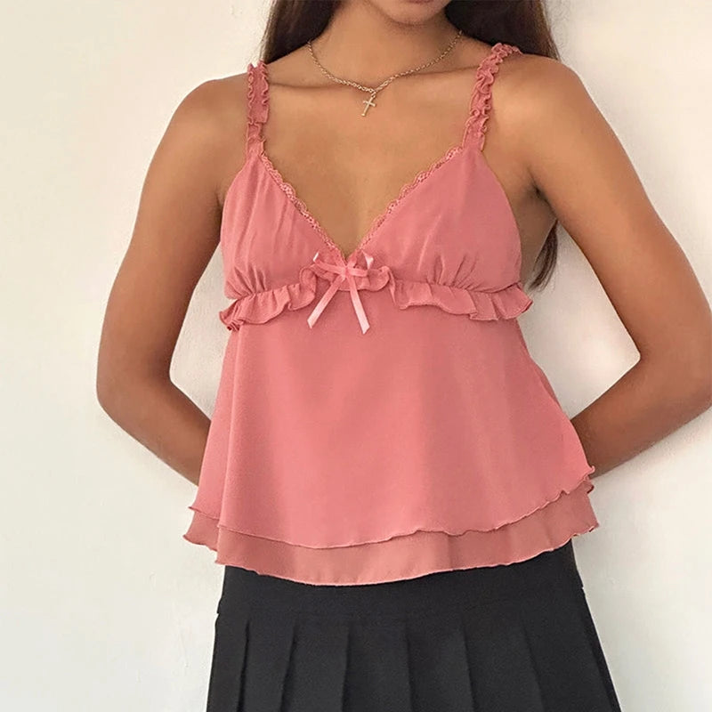 Cyflymder  Kawaii Frill Spaghetti Strap Chiffon Vest Bow Front Ruffled Camisole Women Crop Top Retro Y2K Fairy Backless Clothes