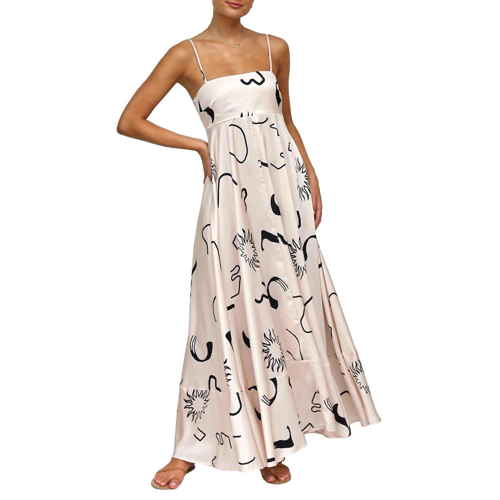 Cyflymder  Spaghetti Straps Flowy A-Line Long Dress Women's Summer Printed Backless Sleeveless Slip Swing Dress for Party Vacation Street