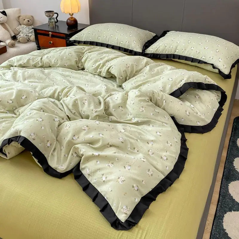 Cyflymder  INS French Style Floral Simple Black Lace Double Layer Gauze Bedding Set Washed Cotton Bed Sheet Fitted Sheet Fresh Quilt Cover