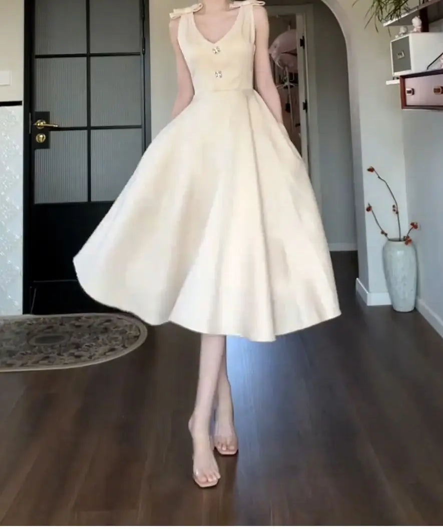Cyflymder  Summer Champagne Bow A Line Dress Women Elegant Slim Waist Party Dress