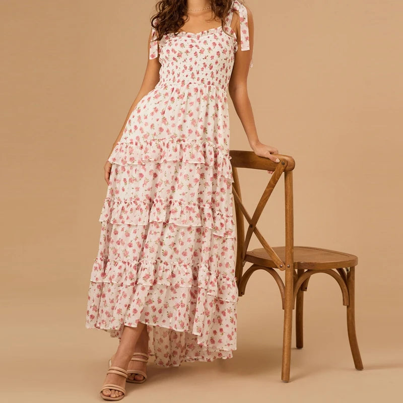 Cyflymder  Floral Tie Shoulder Maxi Dress for Women Y2k Spaghetti Strap Ruffles Flowy Long Dress Ladies Summer Boho Beach A-line Sundress