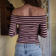 Cyflymder  Women Striped Long Sleeve Shirts Fold-Over Off Shoulder Tops Going Out Crop Sexy Slim Fitted Y2K Fall Outfits Fashion Clothes