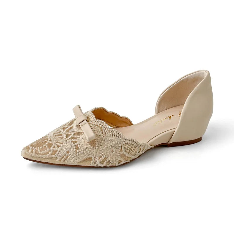 Cyflymder  Low Heel Pumps Woman Height Increase 5CM Lace Bow Breathable Hollow Single Shoes Women's New Retro Mesh Pointed Flat Shoes