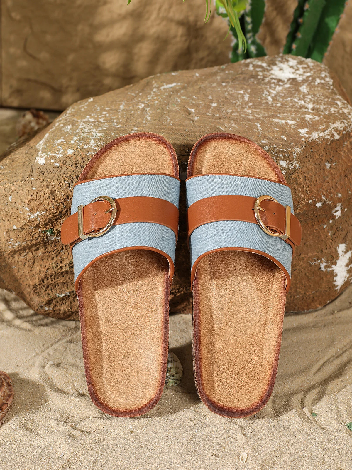 Cyflymder  Women's Cork Insole Sandals, Single Strap Buckle, Comfort Slippers