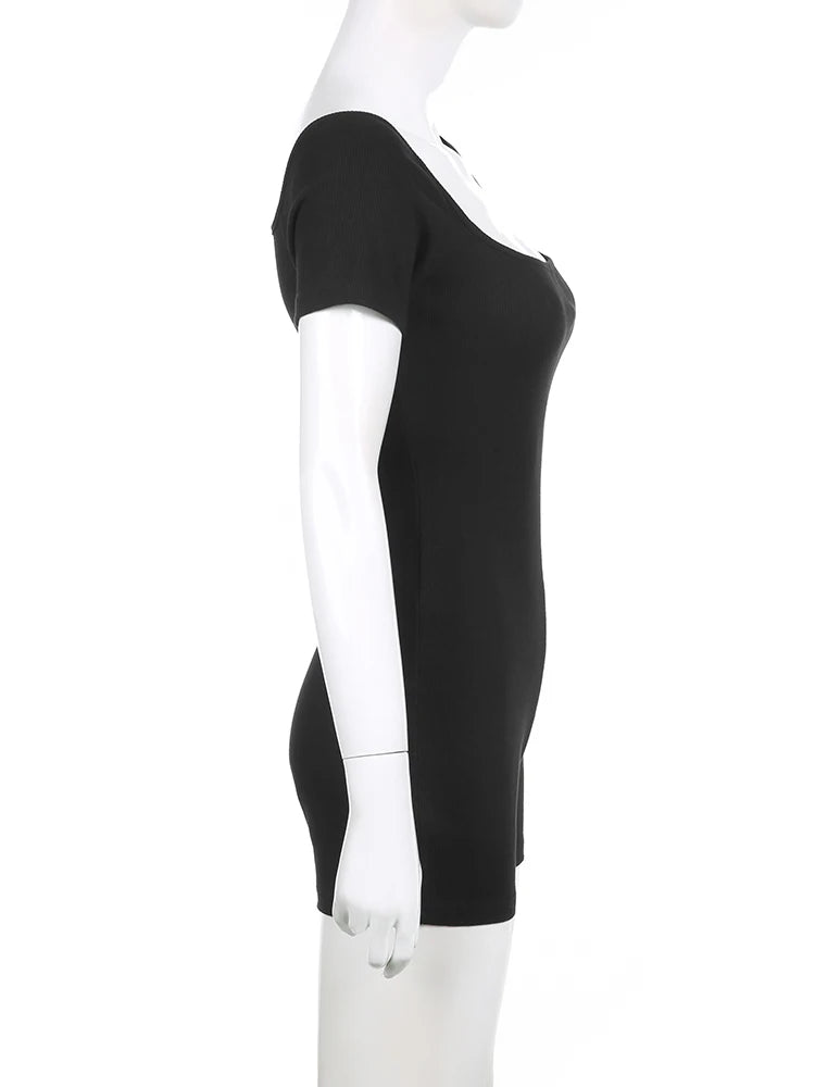Cyflymder  Sporty Activewear Basic Solid Playsuits Sexy Slim Square Collar Short Sleeve Rompers Women Summer Fashion Streetwear