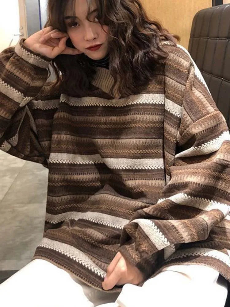 Cyflymder outfit inspo winter Striped Sweaters Women Oversize Pullovers Autumn Winter Knit Sweater Hip Hop Ulzzang BF Unisex Jumper Ladies Retro Couples Tops