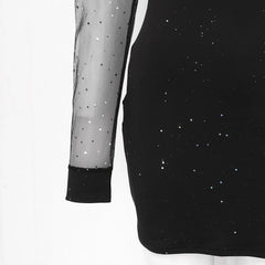Cyflymder  Women's Black Sequins Mini Dress Mesh Long Sleeve Bodycon Wrapped Hip Sexy Short Dress Deep V-Neck Patchwork Club Party Dress