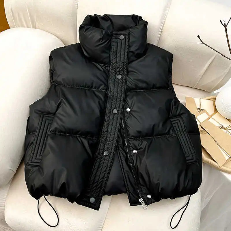 Cyflymder WINTER OUTFITS Women Casual Solid Warm Sleeveless Vest Coat Mock Neck PU Thicken Jacket Button Up Loose Women Down Jacket Autumn Winter