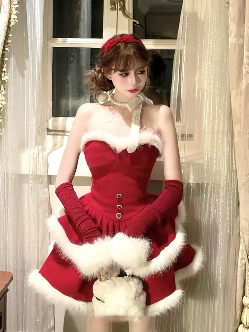 Cyflymder  Christmas Red suit Velvet Cake Puff Women's Dress Set Winter French Lady Princess Two Piece Outfit coat