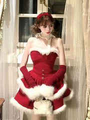 Cyflymder  Christmas Red suit Velvet Cake Puff Women's Dress Set Winter French Lady Princess Two Piece Outfit coat