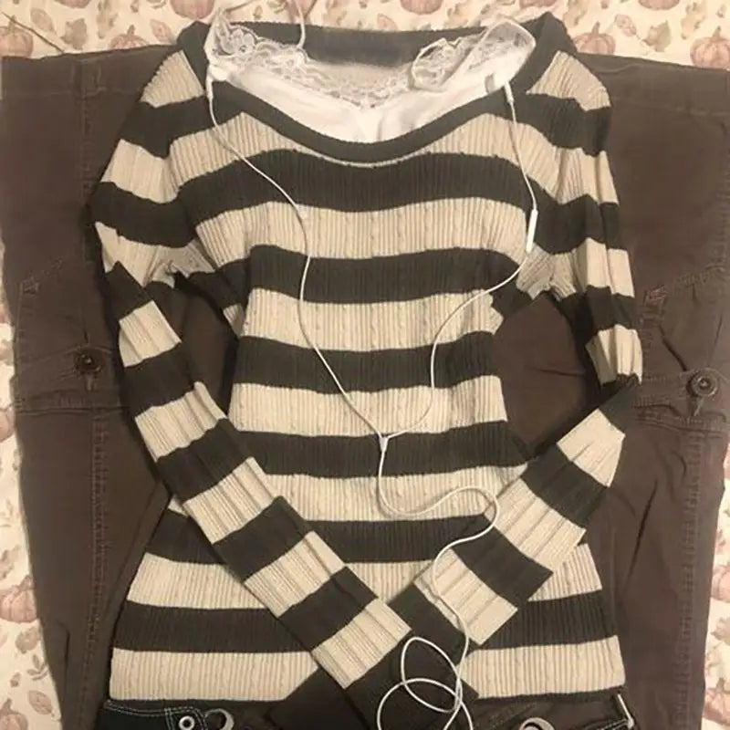 Cyflymder  Spice Girl All Match High Street Striped Pullover Y2k Sweet Casual Slim Autumn Winter Basic Sweater Harajuku Office Lady Jumper