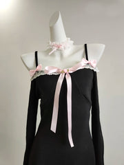 Cyflymder  Cute Dresses Women Summer Autumn Lace Trim Bows Decoration Slim Long Sleeve Black Dress for Sweet Girls Kawaii Clothes