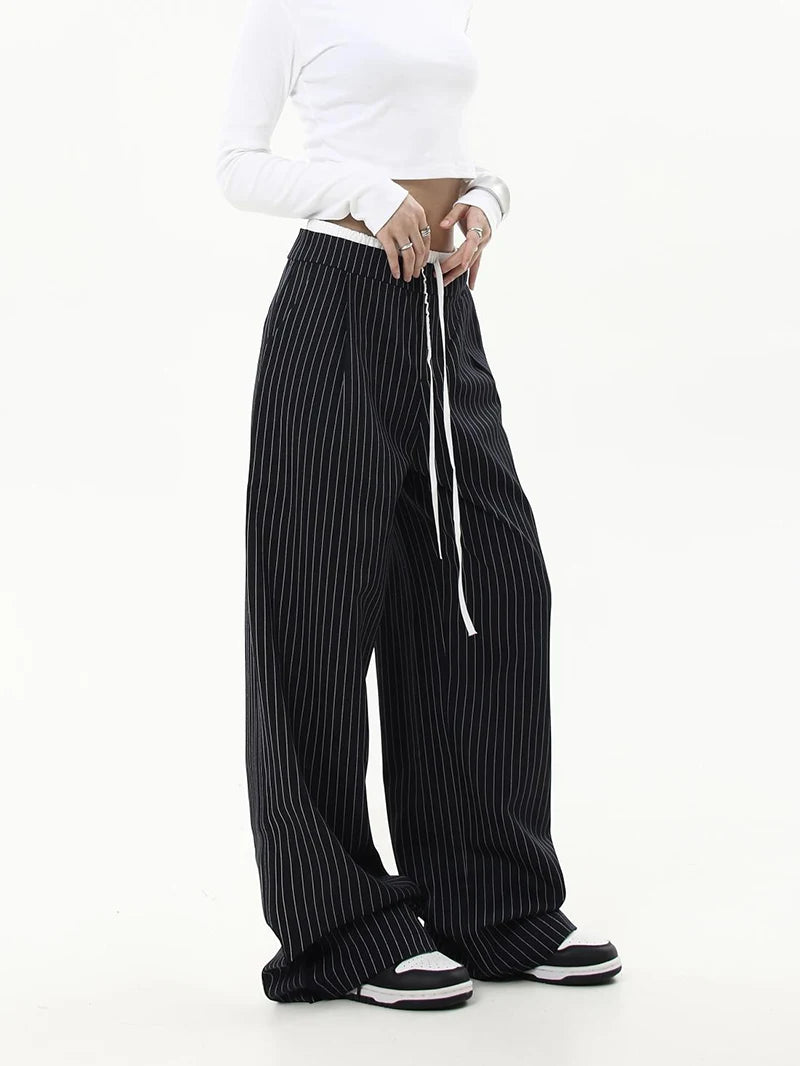 Cyflymder  American Striped Wide Leg Pants Women High Waist Patchwork Vintage Trousers Casual Loose Female Retro Straight Pants New
