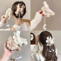 Cyflymder cute winter outfits New Fashion Bow Tassel Pendant Hair Clips Korea Ponytail Plush Shark Claw Girls Fall and Winter Gift Hair Accessories