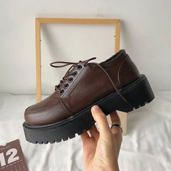 Cyflymder Brown Platform Loafers Women Oxford Shoes Flat on Platform Casual Shoes Lace Up Leather Shoes Sewing Round Toe Zapatos Mujer