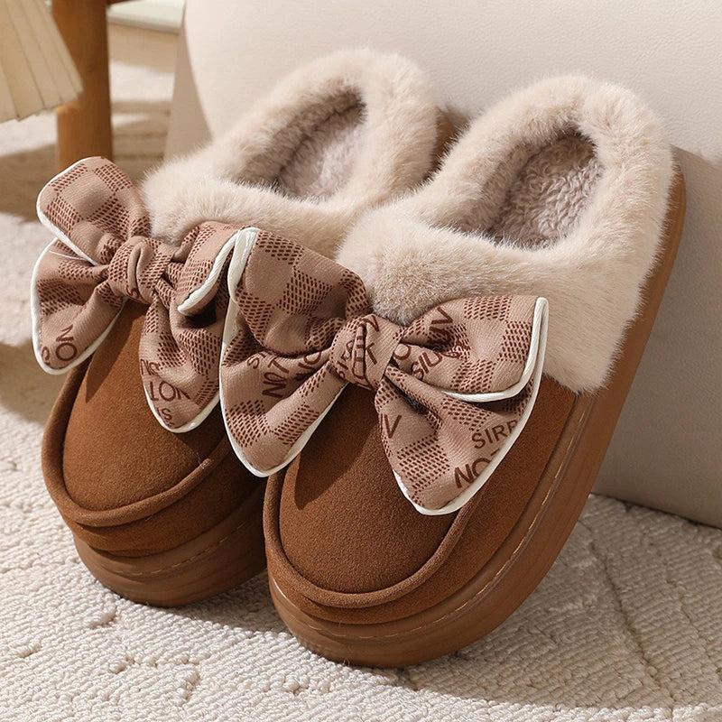 Cyflymder Women's Warm Home Slippers Cute Autumn Winter Bow Thick Plush Non-Slip Leisure Shoes Soft Bedroom Platform Flat Slides