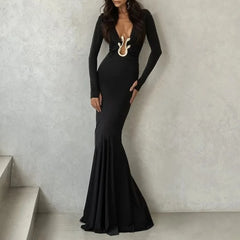 Cyflymder   Solid Elegant Sexy Metal Buckle Bodycon Maxi Party Dress Women Fashion Deep V Neck Full Sleeve Slim Evening Gown Long Robe