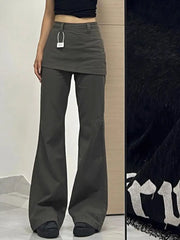 Cyflymder  Harajuku Patchwork Women Flared Pants Vintage High Waist American Style Fake Two Piece Trousers Y2k Baggy Solid Gyaru