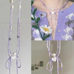 Cyflymder  Fashion Colorful Beaded Bowknot Love Heart Pendant Necklace for Women Girls Purple Double Layer Clavicle Neck Aesthetic Jewelry