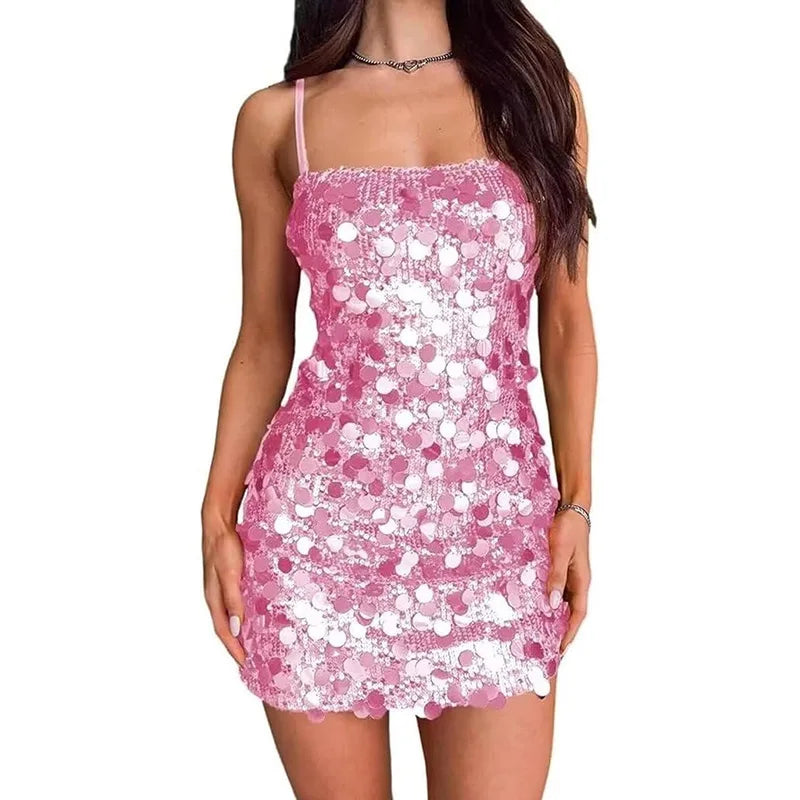 Cyflymder  Sling Sequin Hip Package Mini Dress Women Sexy Square Collar Sleeveless Backless Waist Cinching Slim Partywear Chic Ladies Robe