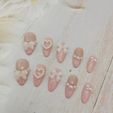 Cyflymder Handmade Custom Made False Nail Art With Pearls And Nows Wearable Nail Pink Almond Style Section Patch Removable Girl Fake Nail