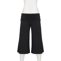 Cyflymder  Women's Casual Solid Folds Waist Loose Half Pants Summer Elegant Elastic Rise Soft Knitted Flared Knee-Length Trousers Chic
