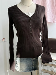 Cyflymder  Knitted V-neck T-shirts Women Autumn Buttons Slim
