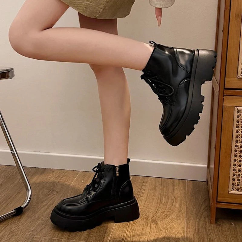 Cyflymder  Platform Thick Bottom Warm Short Plush Women Motorcycle Boots Fashion Lace Up Shoes Autumn Winter Female Short Booties