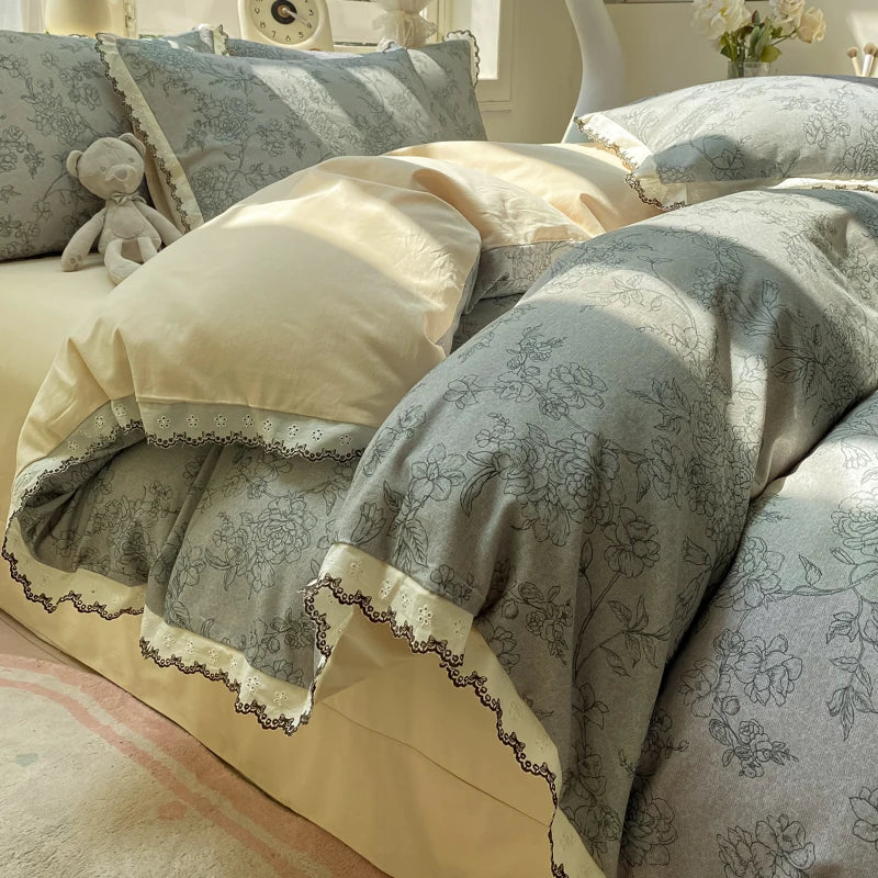 Cyflymder  Vintage Flowers Print Lace Ruffles Bedding Set 100% Cotton Thick Brushed Fabric Duvet Cover Bed Sheet/Fitted Sheet Pillowcases