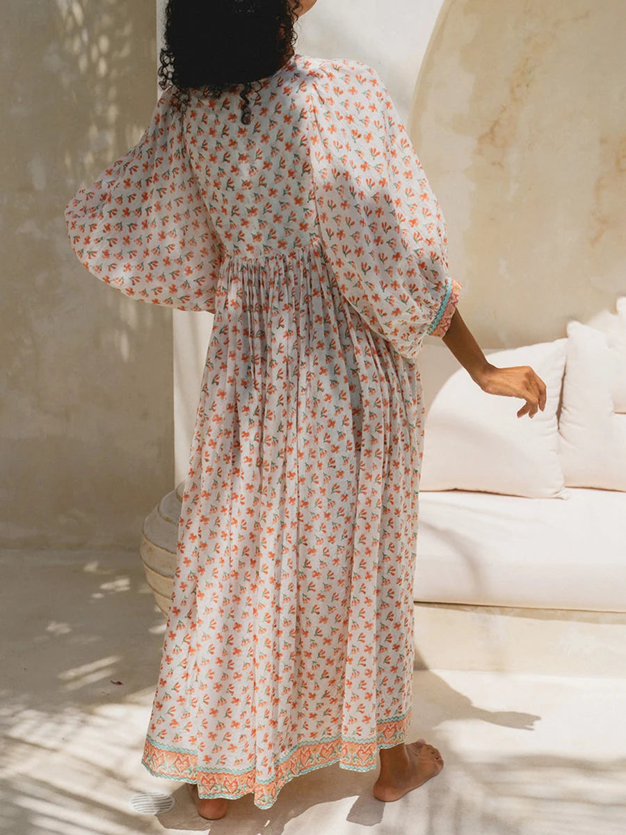 Cyflymder  Elegant Maxi Dress with 3 4 Sleeves V Neckline and Floral Print - Stylish Loose Fit Summer Dress for Casual Wear