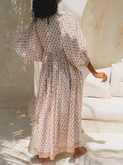 Cyflymder  Elegant Maxi Dress with 3 4 Sleeves V Neckline and Floral Print - Stylish Loose Fit Summer Dress for Casual Wear