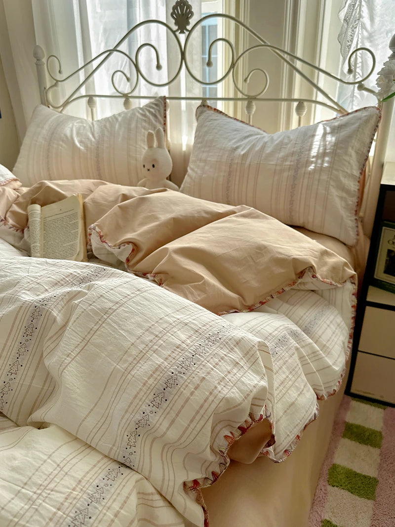 Cyflymder  100% Cotton Yarn-dyed Jacquard Floral Bedding Set Single Queen King Size Duvet Cover Bed Sheet/Fitted Sheet Pillowcases 3/4Pcs