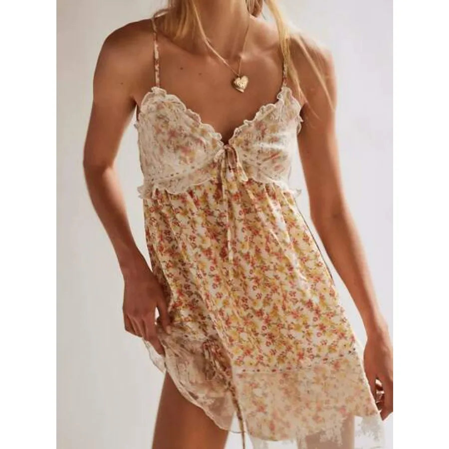Cyflymder【New style】Women's Summer Loose Casual V-Neck Suspender Lace Patchwork Printed Mini Fress For Daily Streetwear