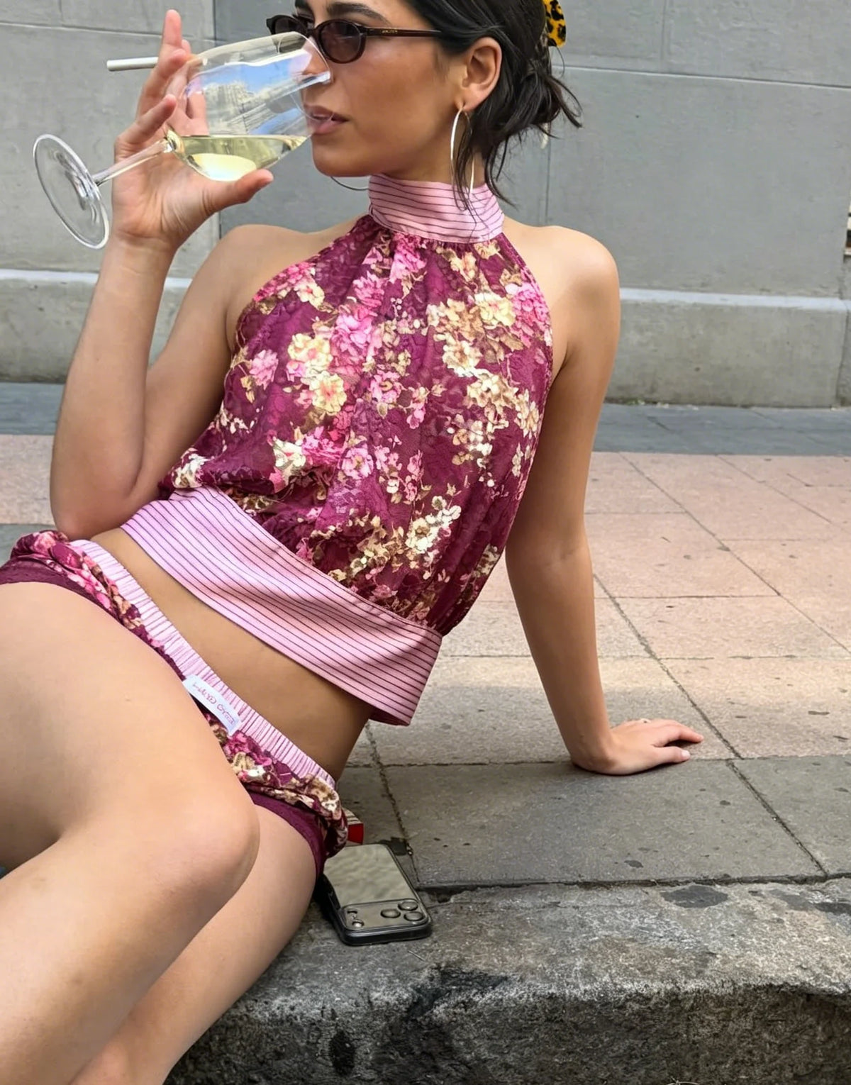 Cyflymder  Women's Vintage Boho Floral Print Halter Neck Top Sleeveless Chiffon Blouse With Pink Ribbon Tie Waist Casual Summer Crop Top