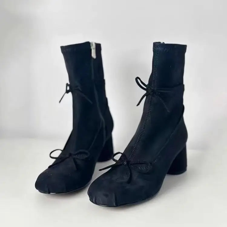 Cyflymder   New Womens Mary Jane Shoes Exquisite Round Head Stretch Boots for Woman Fashion Bow High Heeled Boots Designer Shoes Botas Mujer