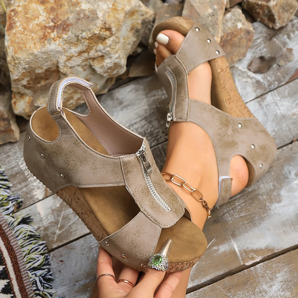 Cyflymder  Summer Women Open-toe Sandals Casual Ladies Shoes Waterproof Wedge Sandals Woman Non-Slip Retro Footwear