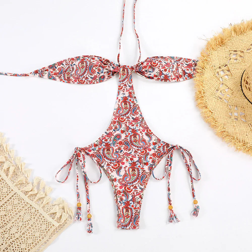 Cyflymder  Sexy One Piece Swimsuit Women Solid Pleated Lace Up Bathing Suit Leopard Printed Bodysuit Bikini Set Summer Fashion Beachwear