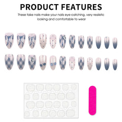 Cyflymder  24pcs Glossy Almond False Nails Blue Gray Gradient Bowknots Shiny Sequins Diamond Press On Nails Ins Style Plaid Fake Nail Tips
