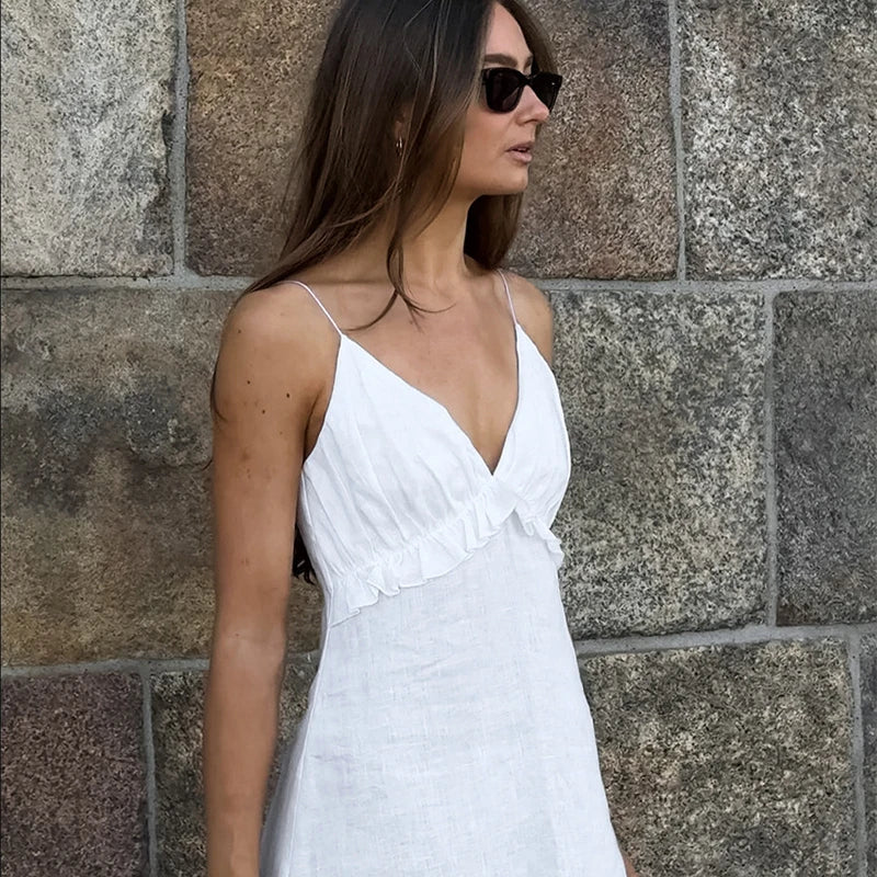 Cyflymder  Sexy Deep V-Neck White Suspender Dress Women Fashion Ruffle Folds Long Robe Spring Summer New Beach Holiday Casual Loose Dress