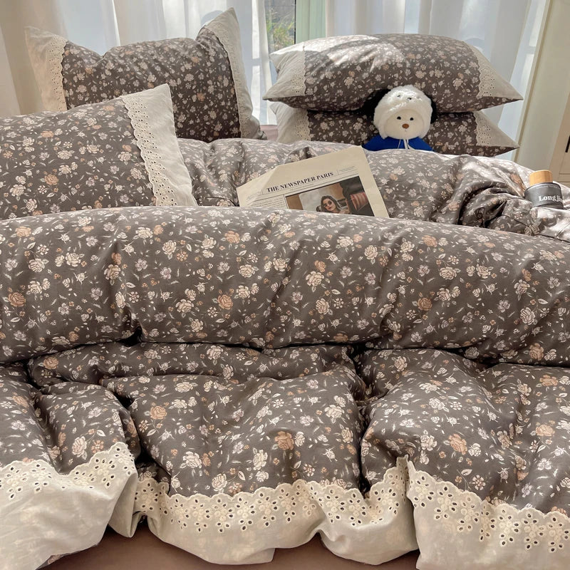 Cyflymder  3/4Pcs Korean Princess Style Floral 100% Cotton Bedding Set Vintage French Lace Duvet Cover Bed Sheet Fitted Sheet Pillowcases