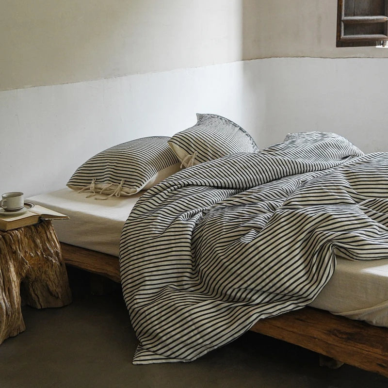 Cyflymder  Linen Cotton Simple Stripes Jacquard Nordic Style Bedding Set Single Double Queen King Duvet Cover Flat/Fitted Sheet Pillowcase