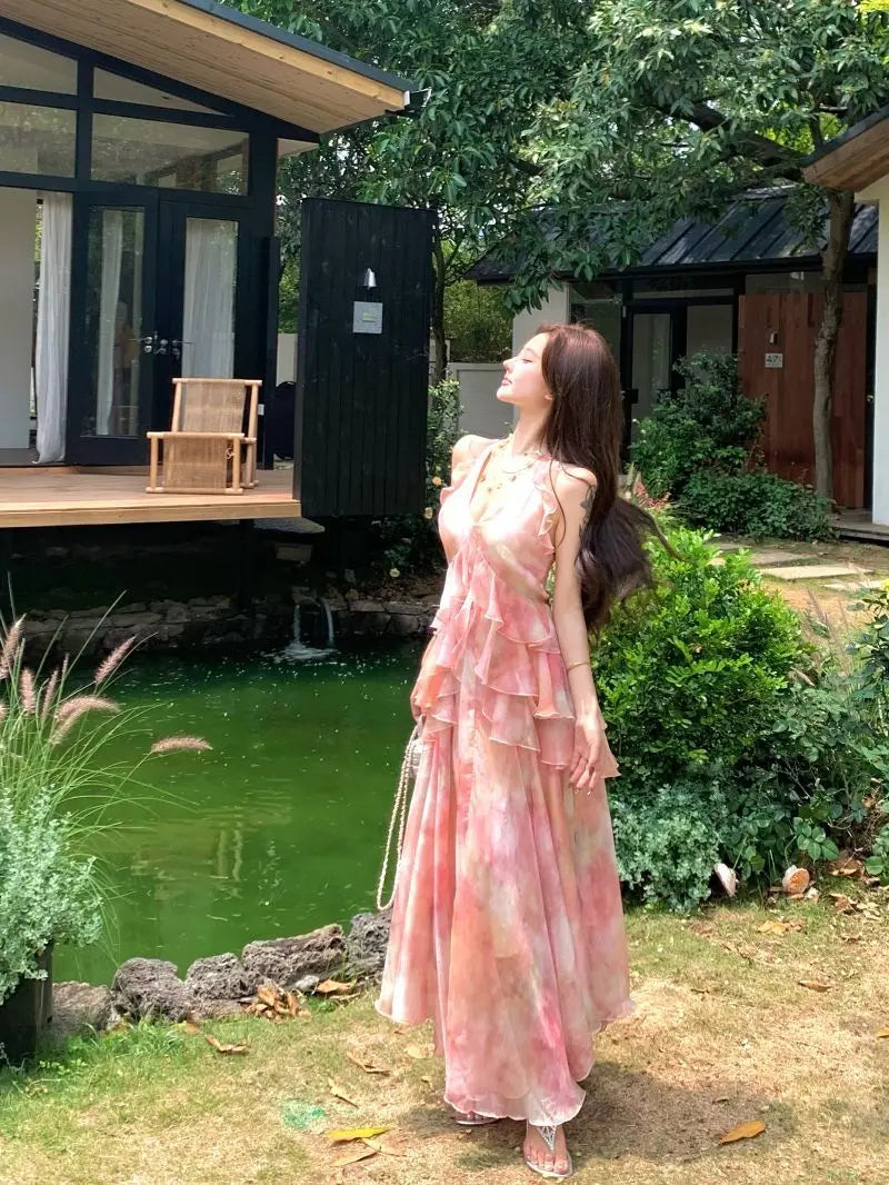 Cyflymder  Beach Vaion Sle Floral Print Maxi Dr Pink Bal Gauze Hem A-Line Skirt High Waist Svel V-Ne Loose Fit