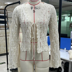 Cyflymder  Women Vintage Front Tie Cardigan Crochet Hollow Out Knitted Sweaters Fall Long Sleeve Bolero Shrug Y2K Knitted Tops