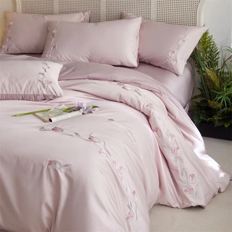Cyflymder  Long-staple Cotton Floral Blossom Embroidery Comfortable Ultra Soft (1Duvet Cover+1Flat Bedsheet/Fitted Bedsheet+ 2Pillowcases)