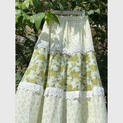 Cyflymder  Mori Girl Flower Print Skirt Elegant Lace Patchwork Midi Skirt Women Summer Casual Elastic Waist A-Line Skirt Boho Faldas 405A