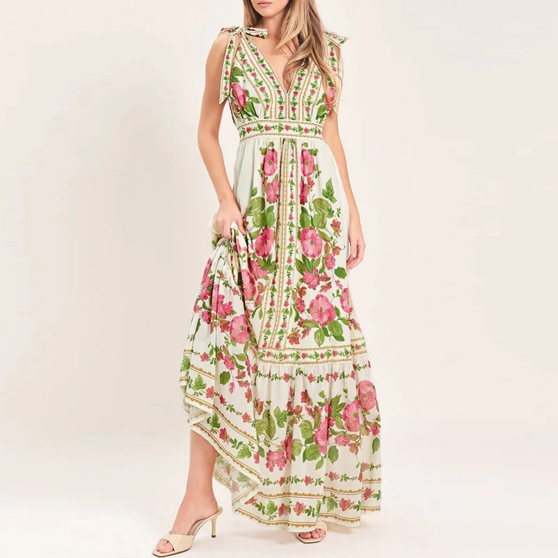 Cyflymder  Sexy V-neck Women Vacation Long Dress Summer Casual Sleeveless Hight Waist Party Dress Elegant Print Draped Bow Maxi Dress