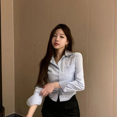 Cyflymder Korean White Office Women Chiffon Shirt Pocket Button Lapel Ladies Blouse Spring Commuter Long Sleeve New Female Crop Tops