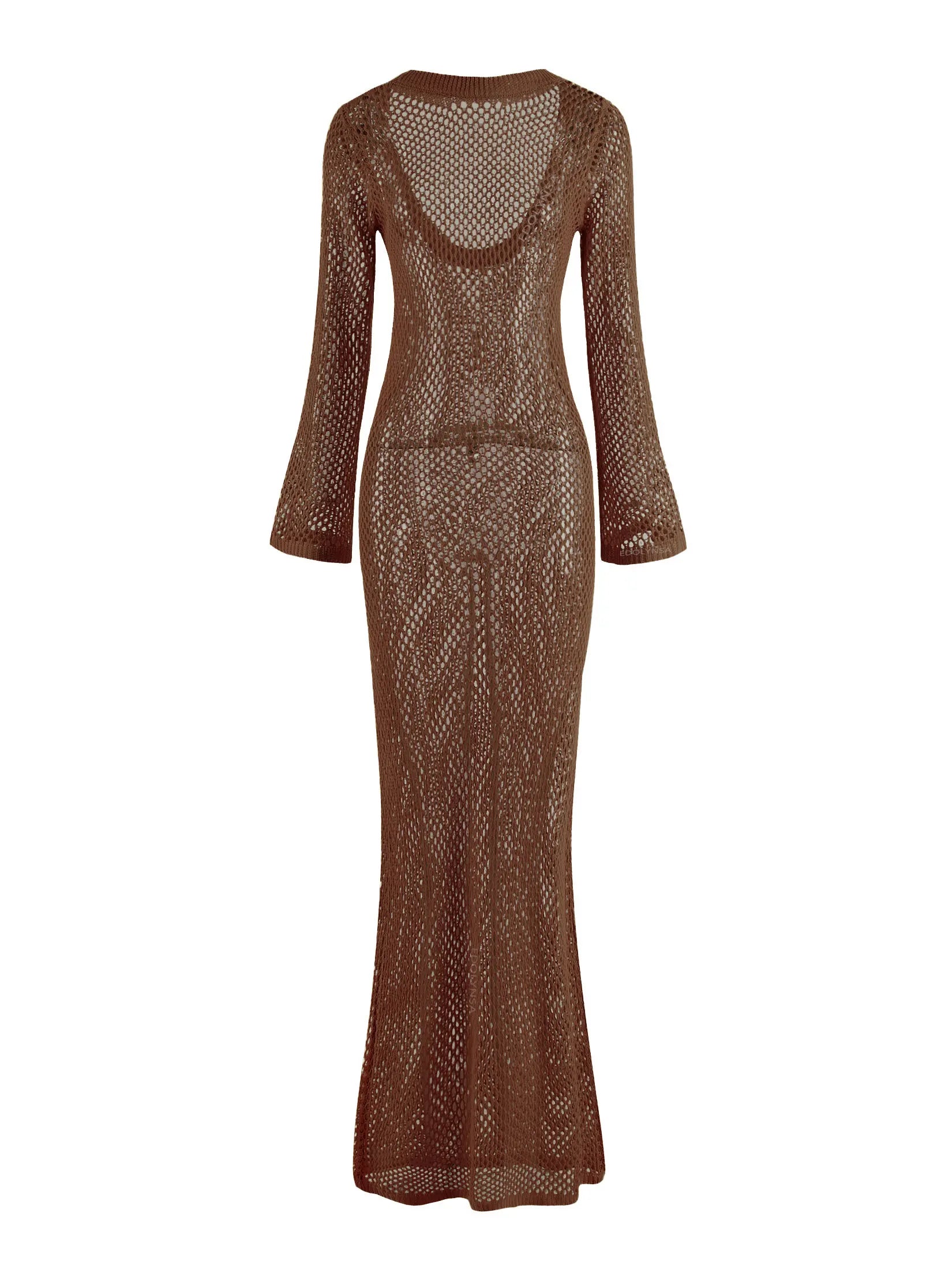 Cyflymder  Sexy U-neck Bell Sleeve Knit Maxi Dress Summer 2024 Women Swimwear Feminine Bikinis Cover-ups Holiday Crochet Beach Outfit K21
