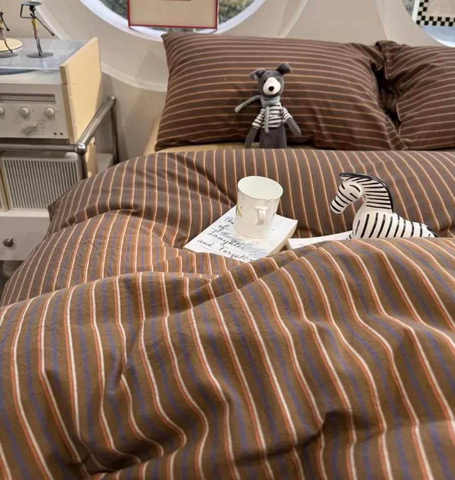 Cyflymder  Fashion maillard stripe bed set,twin full queen king retro simple geometric cotton home textile sheet pillow case quilt cover